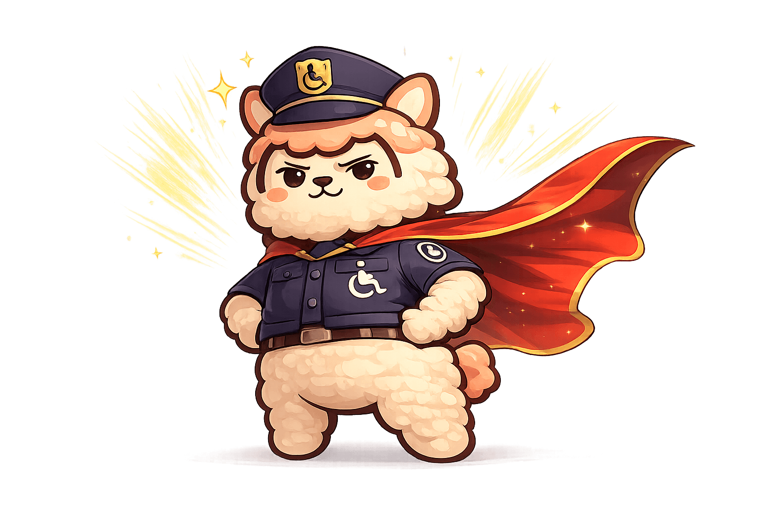 Officer Fuzzability in superhero pose with cape